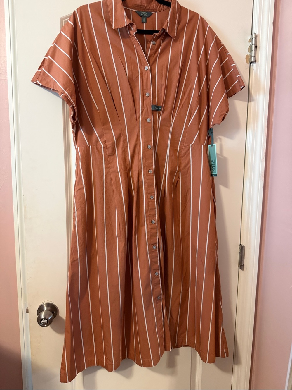 Terra & Sky Rust Striped Button-Front Shirt Dress - Women 14W NWT.